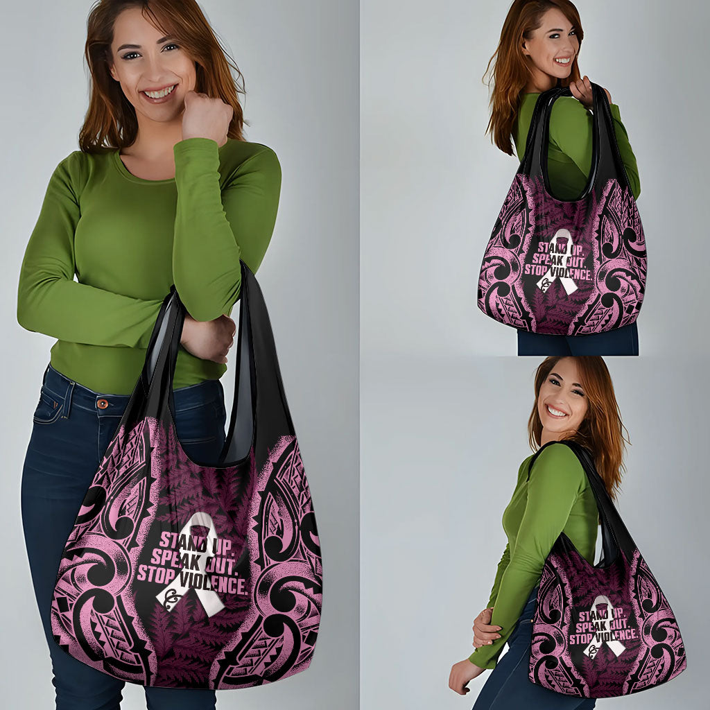 White Ribbon Day New Zealand Grocery Bag Respect Women Maori Pattern Pink