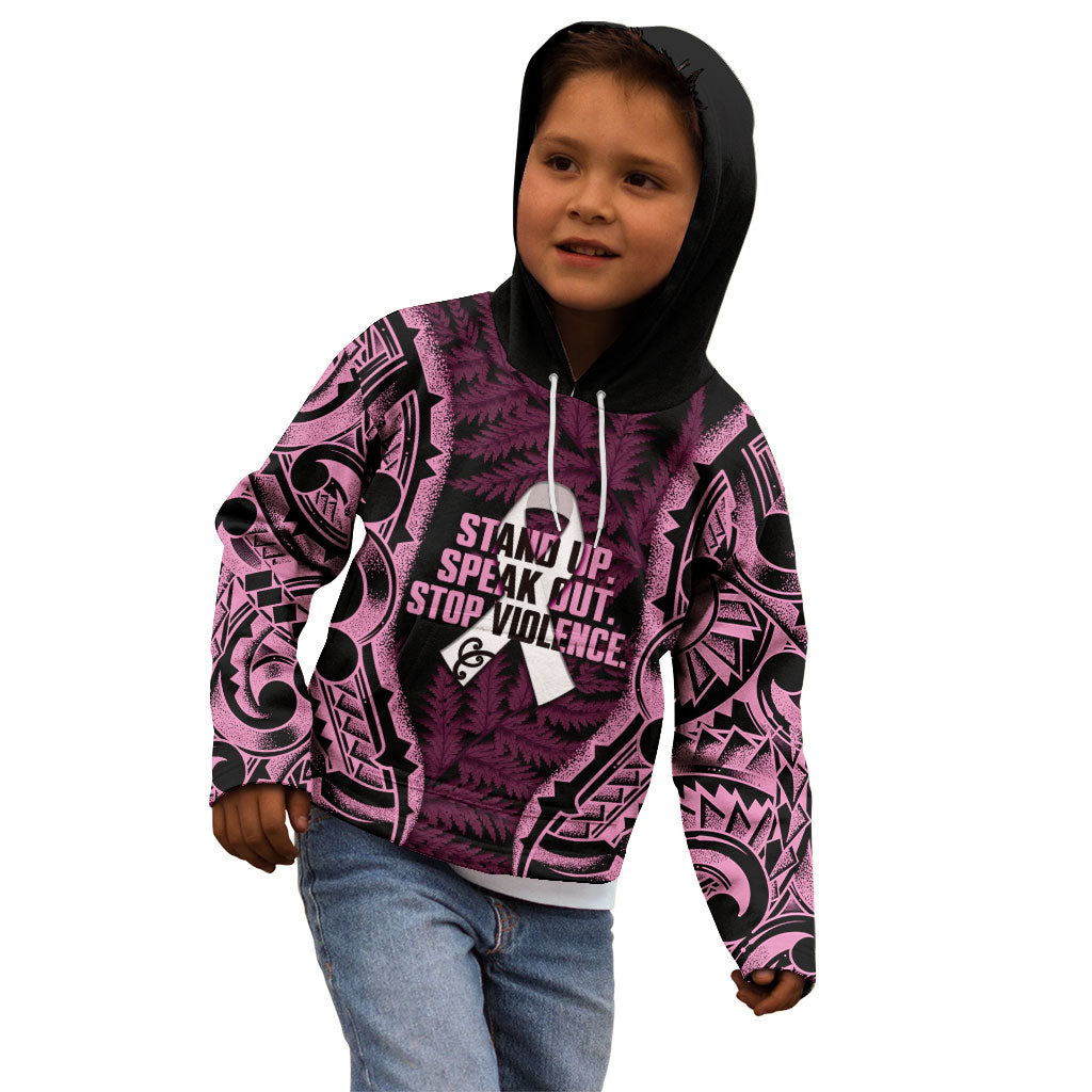 White Ribbon Day New Zealand Kid Hoodie Respect Women Maori Pattern Pink