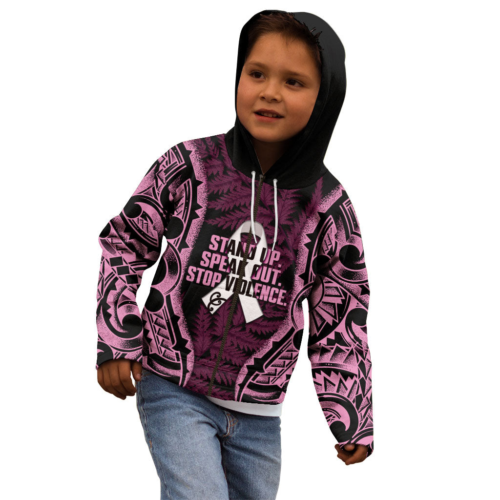 White Ribbon Day New Zealand Kid Hoodie Respect Women Maori Pattern Pink