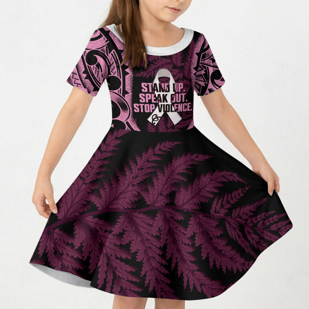 White Ribbon Day New Zealand Kid Short Sleeve Dress Respect Women Maori Pattern Pink