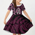 White Ribbon Day New Zealand Kid Short Sleeve Dress Respect Women Maori Pattern Pink