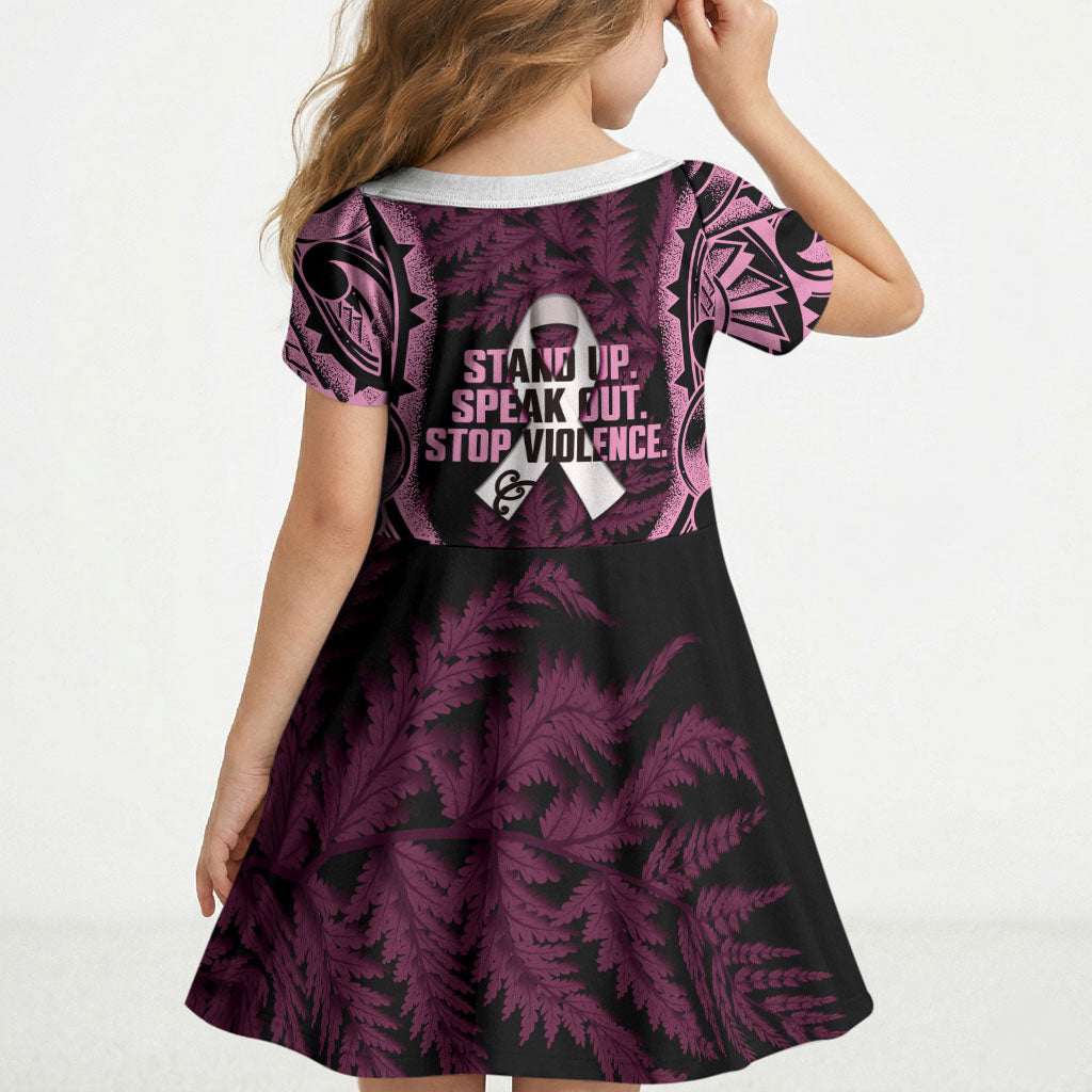 White Ribbon Day New Zealand Kid Short Sleeve Dress Respect Women Maori Pattern Pink