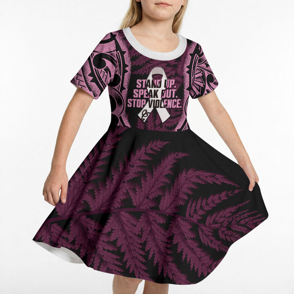 White Ribbon Day New Zealand Kid Short Sleeve Dress Respect Women Maori Pattern Pink