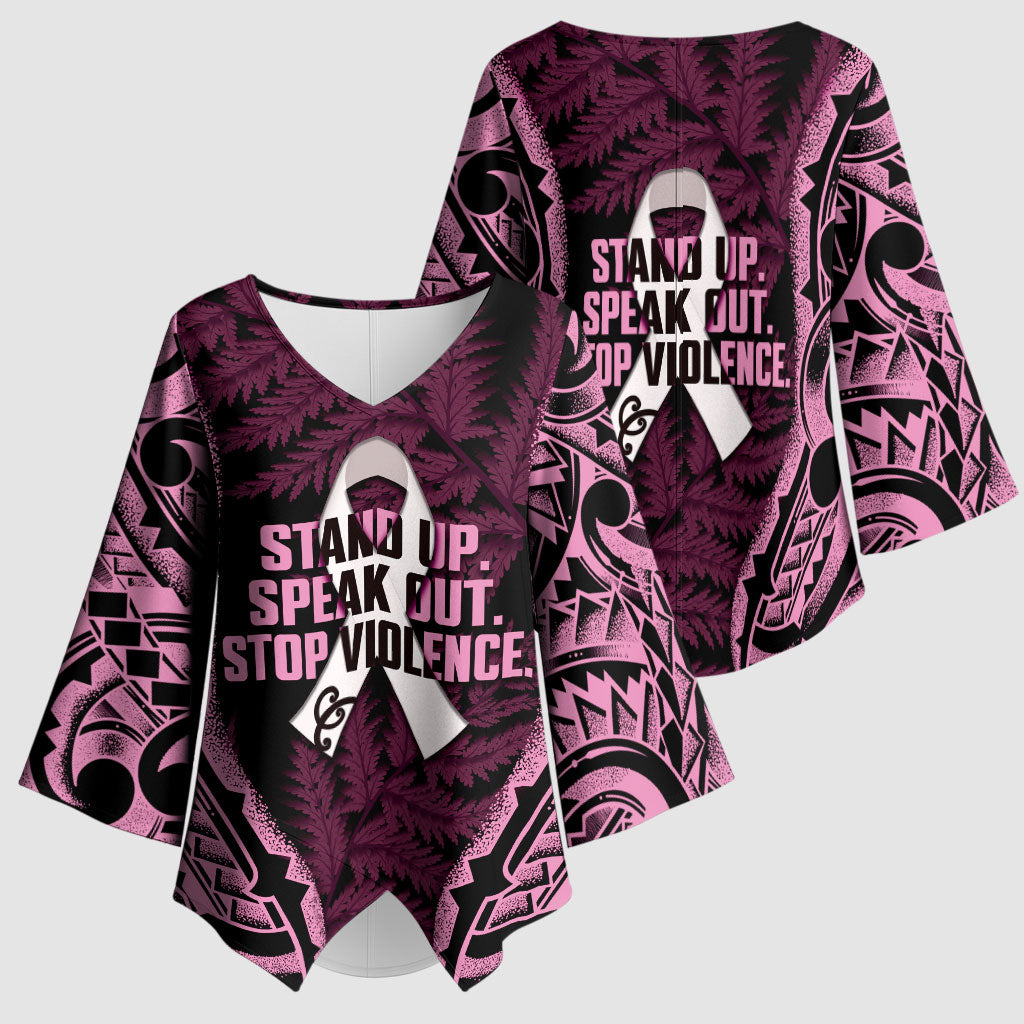 White Ribbon Day New Zealand Kimono Sleeve Blouse Respect Women Maori Pattern Pink