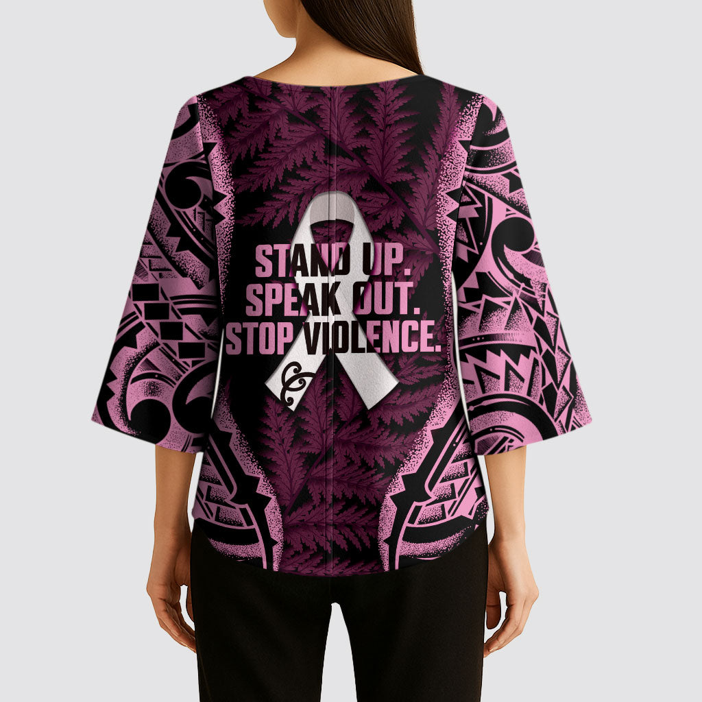 White Ribbon Day New Zealand Kimono Sleeve Blouse Respect Women Maori Pattern Pink