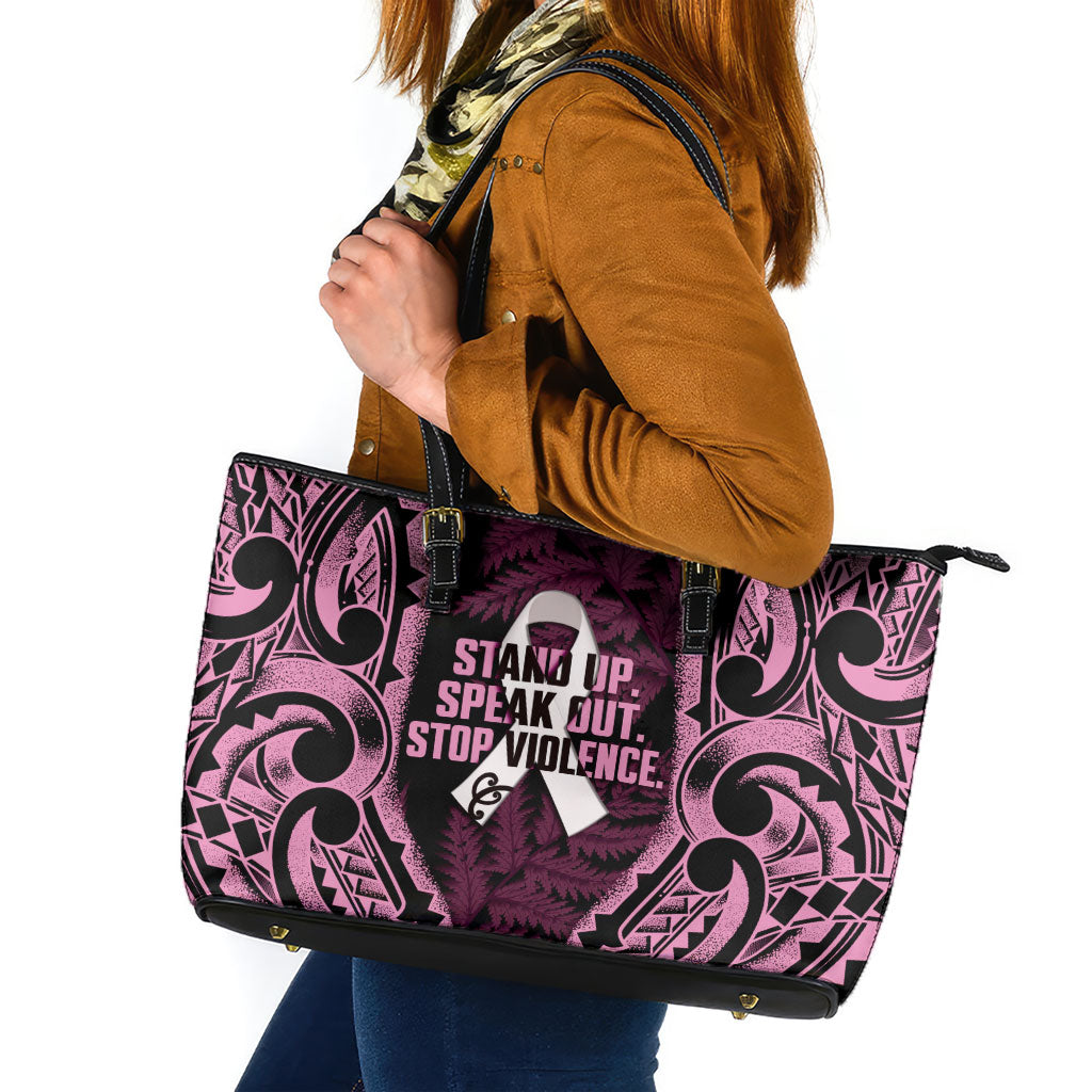 White Ribbon Day New Zealand Leather Tote Bag Respect Women Maori Pattern Pink