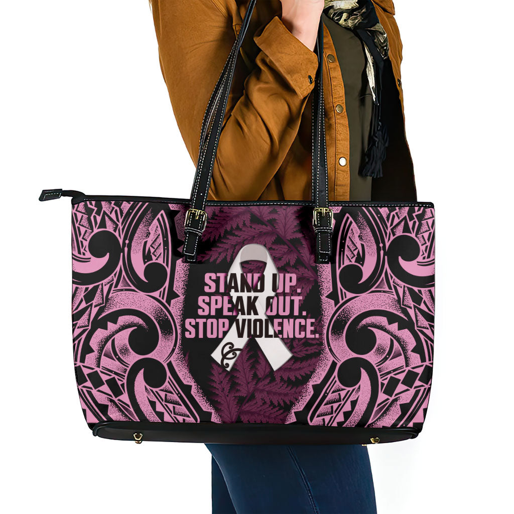 White Ribbon Day New Zealand Leather Tote Bag Respect Women Maori Pattern Pink