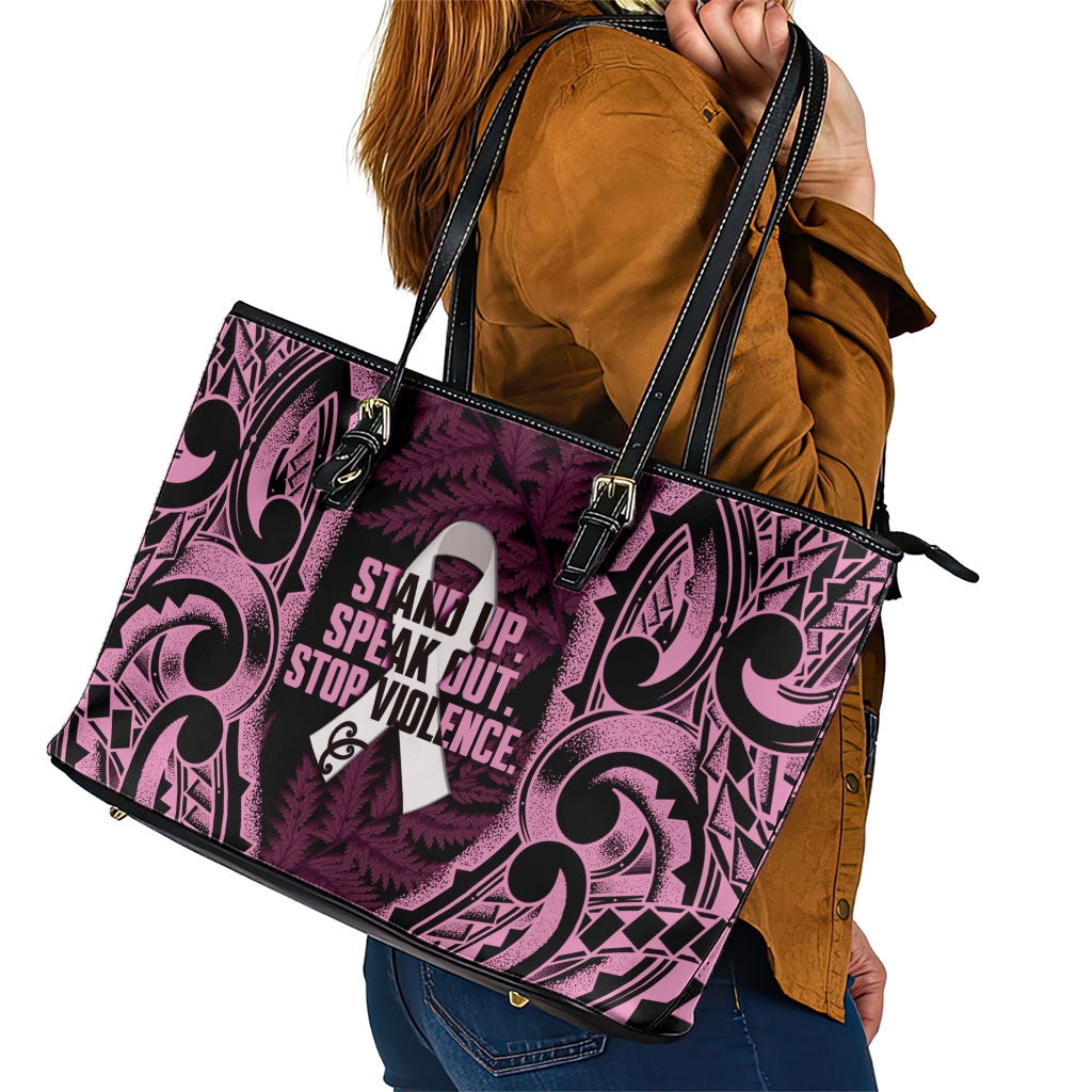 White Ribbon Day New Zealand Leather Tote Bag Respect Women Maori Pattern Pink