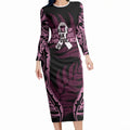 White Ribbon Day New Zealand Long Sleeve Bodycon Dress Respect Women Maori Pattern Pink