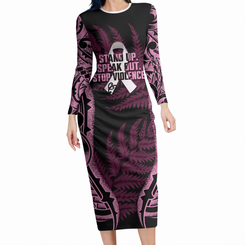 White Ribbon Day New Zealand Long Sleeve Bodycon Dress Respect Women Maori Pattern Pink