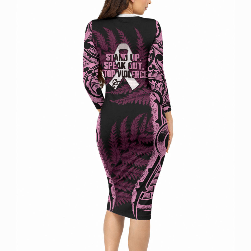 White Ribbon Day New Zealand Long Sleeve Bodycon Dress Respect Women Maori Pattern Pink