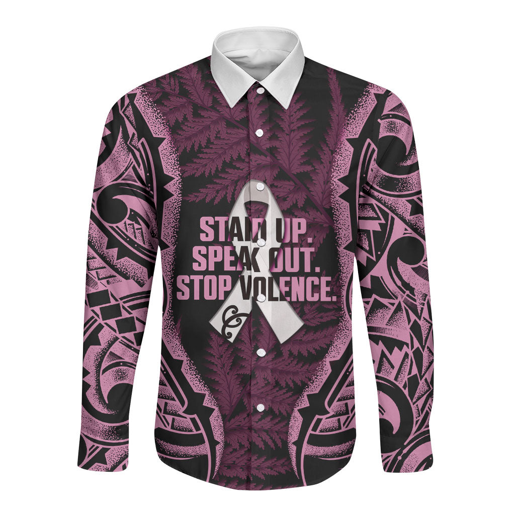 White Ribbon Day New Zealand Long Sleeve Button Shirt Respect Women Maori Pattern Pink