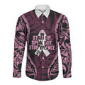 White Ribbon Day New Zealand Long Sleeve Button Shirt Respect Women Maori Pattern Pink