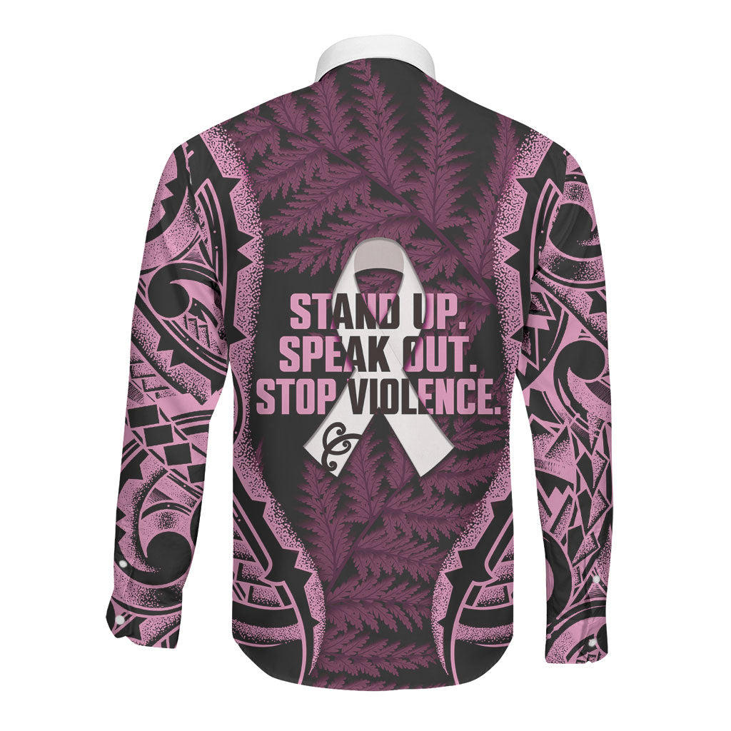 White Ribbon Day New Zealand Long Sleeve Button Shirt Respect Women Maori Pattern Pink