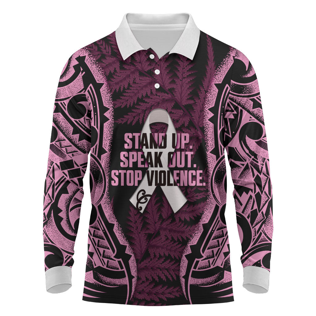 White Ribbon Day New Zealand Long Sleeve Polo Shirt Respect Women Maori Pattern Pink