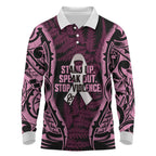 White Ribbon Day New Zealand Long Sleeve Polo Shirt Respect Women Maori Pattern Pink