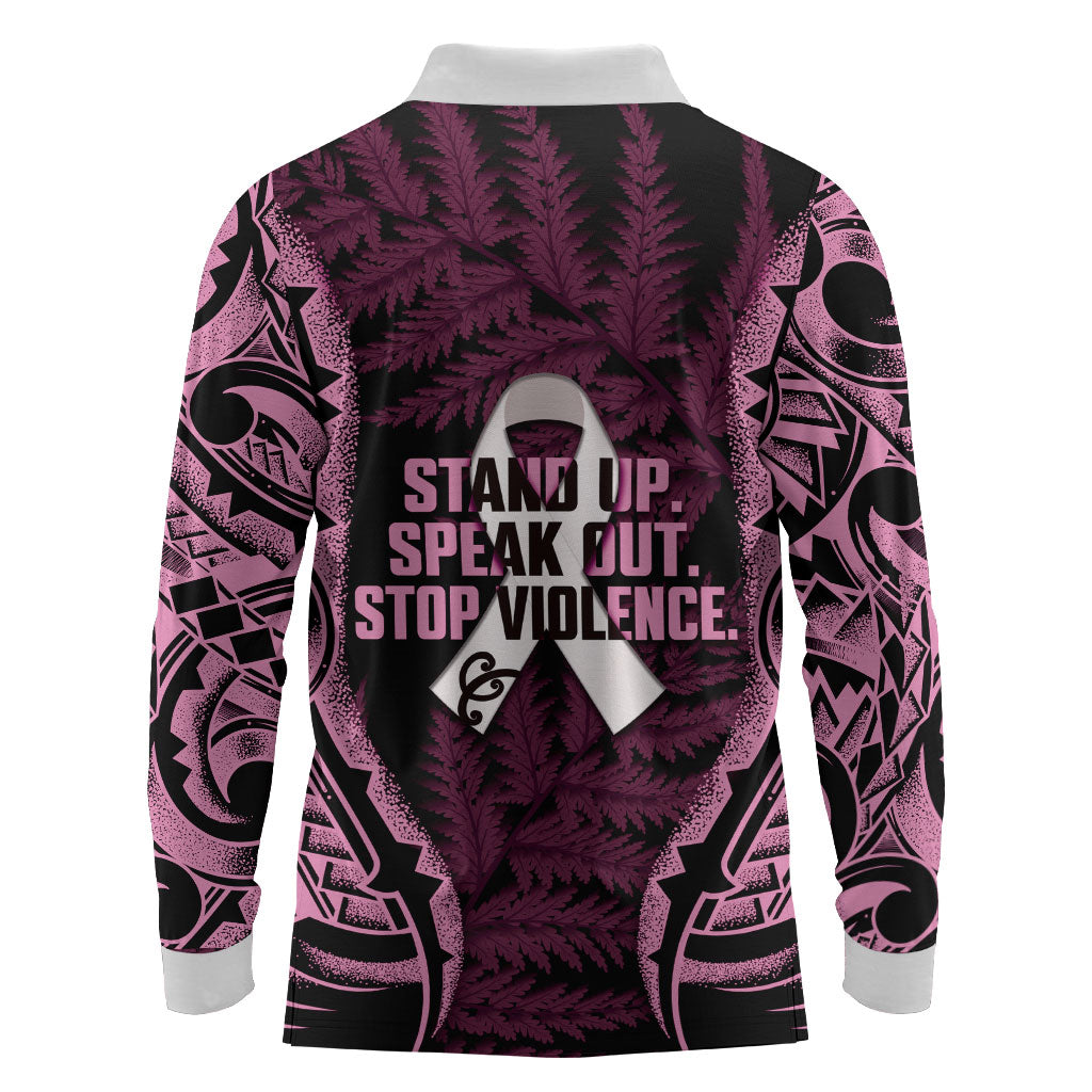 White Ribbon Day New Zealand Long Sleeve Polo Shirt Respect Women Maori Pattern Pink