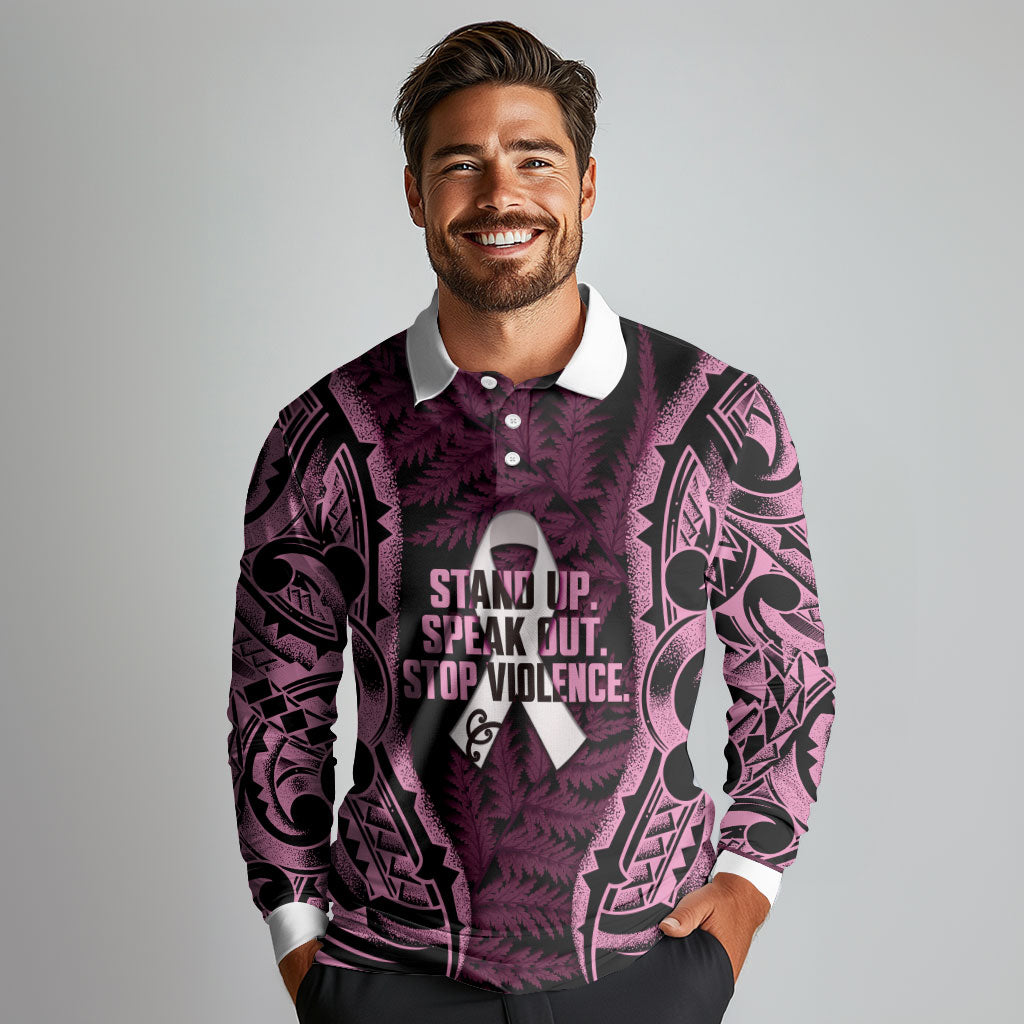 White Ribbon Day New Zealand Long Sleeve Polo Shirt Respect Women Maori Pattern Pink