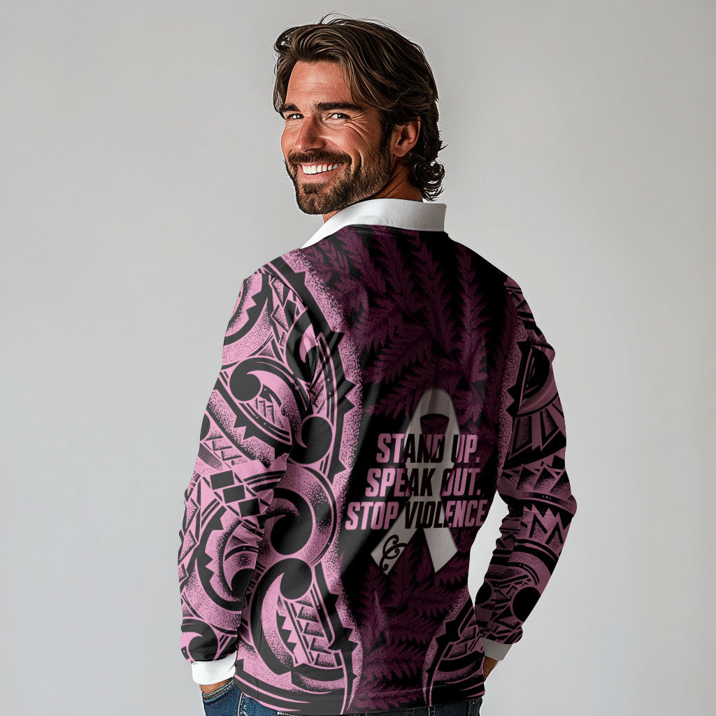 White Ribbon Day New Zealand Long Sleeve Polo Shirt Respect Women Maori Pattern Pink