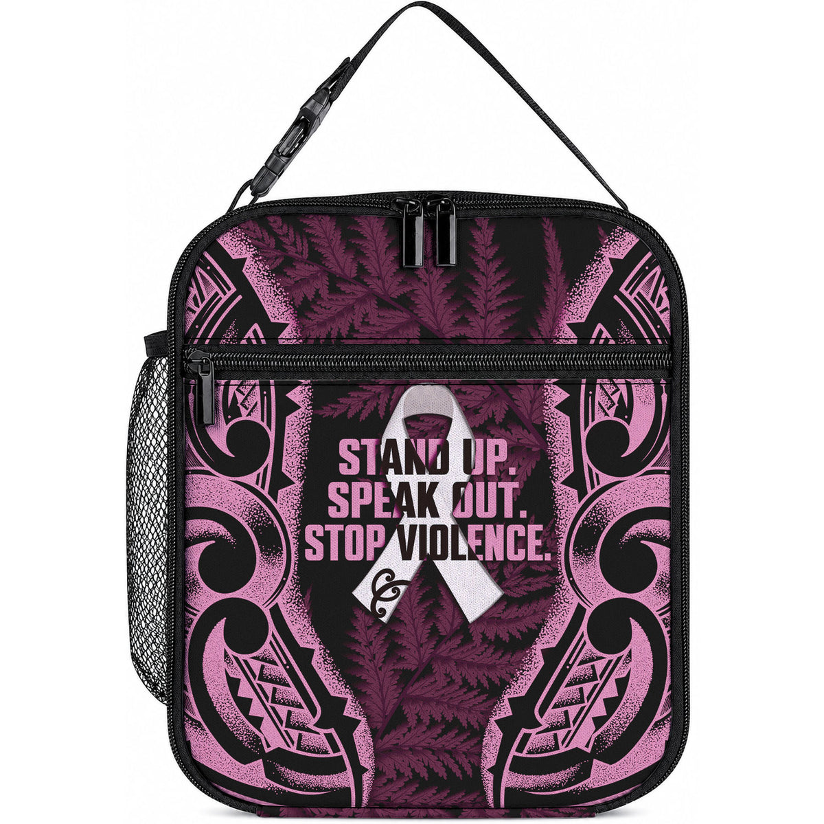 White Ribbon Day New Zealand Lunch Bag Respect Women Maori Pattern Pink
