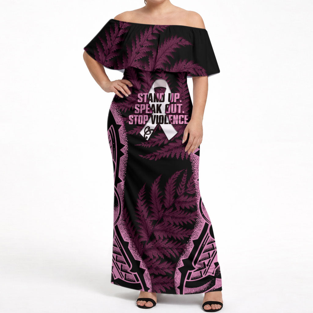 White Ribbon Day New Zealand Off Shoulder Maxi Dress Respect Women Maori Pattern Pink