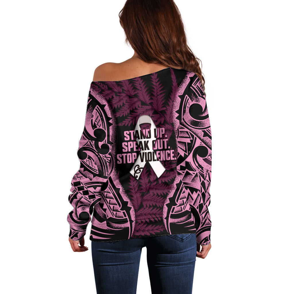 White Ribbon Day New Zealand Off Shoulder Sweater Respect Women Maori Pattern Pink