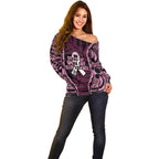 White Ribbon Day New Zealand Off Shoulder Sweater Respect Women Maori Pattern Pink