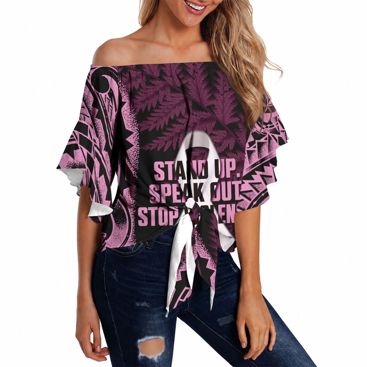 White Ribbon Day New Zealand Off Shoulder Wrap Waist Top Respect Women Maori Pattern Pink