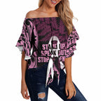 White Ribbon Day New Zealand Off Shoulder Wrap Waist Top Respect Women Maori Pattern Pink