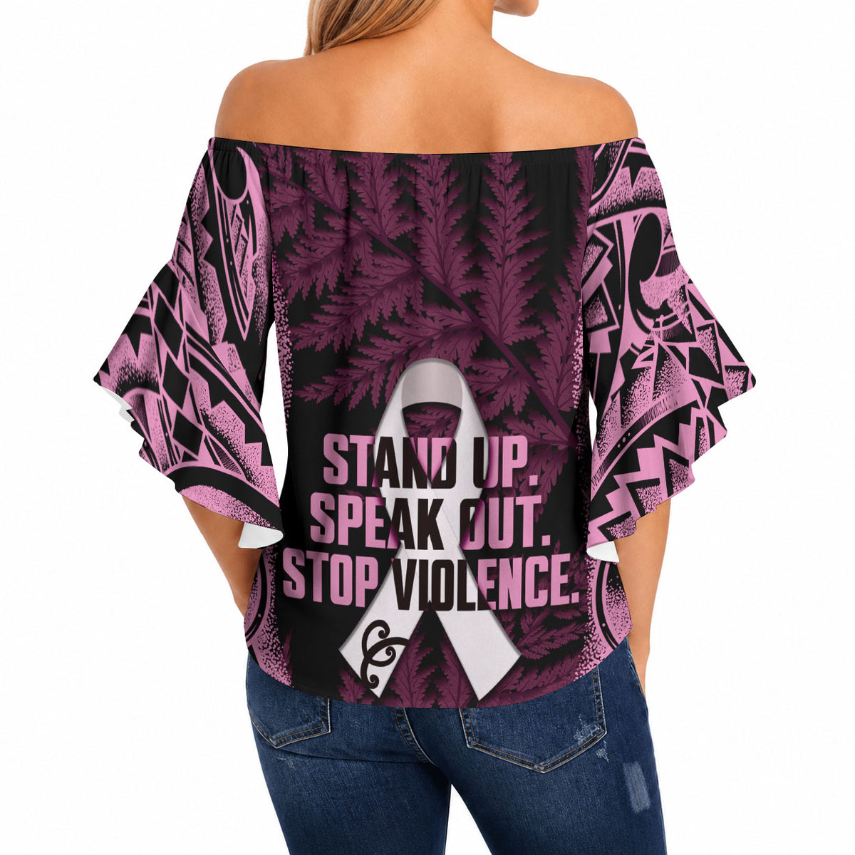 White Ribbon Day New Zealand Off Shoulder Wrap Waist Top Respect Women Maori Pattern Pink