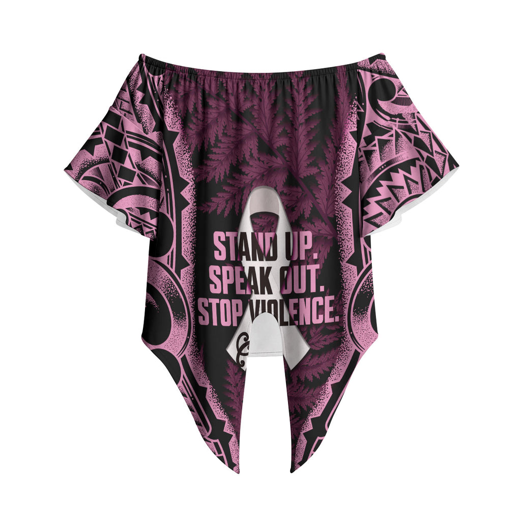 White Ribbon Day New Zealand Off Shoulder Wrap Waist Top Respect Women Maori Pattern Pink