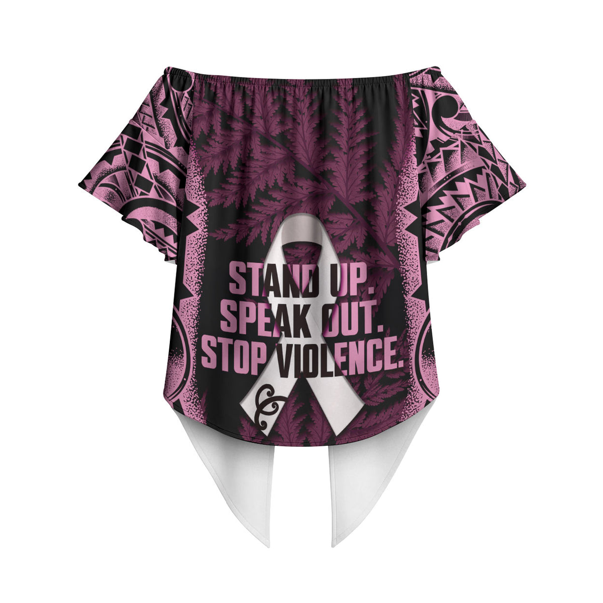 White Ribbon Day New Zealand Off Shoulder Wrap Waist Top Respect Women Maori Pattern Pink