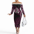 White Ribbon Day New Zealand Off The Shoulder Long Sleeve Dress Respect Women Maori Pattern Pink