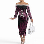 White Ribbon Day New Zealand Off The Shoulder Long Sleeve Dress Respect Women Maori Pattern Pink