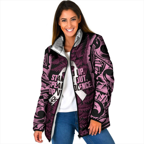 White Ribbon Day New Zealand Padded Jacket Respect Women Maori Pattern Pink