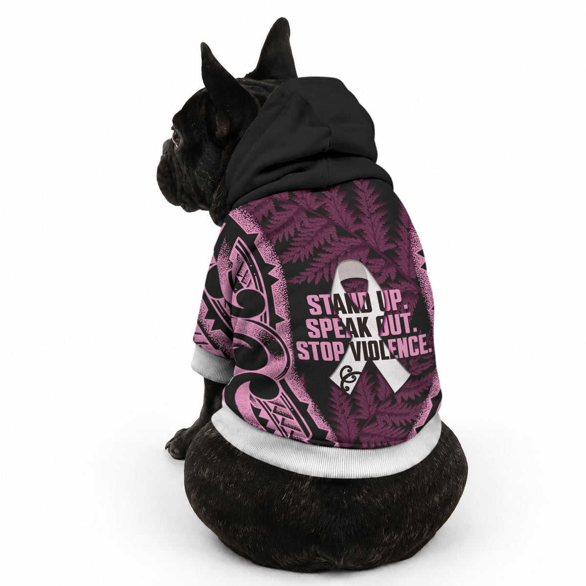 White Ribbon Day New Zealand Pet Hoodie Respect Women Maori Pattern Pink