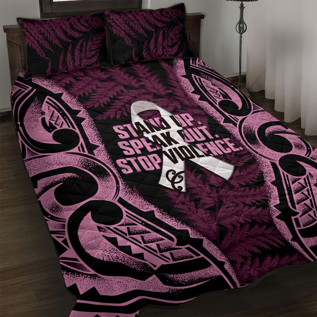 White Ribbon Day New Zealand Quilt Bed Set Respect Women Maori Pattern Pink