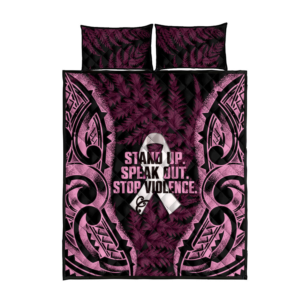 White Ribbon Day New Zealand Quilt Bed Set Respect Women Maori Pattern Pink