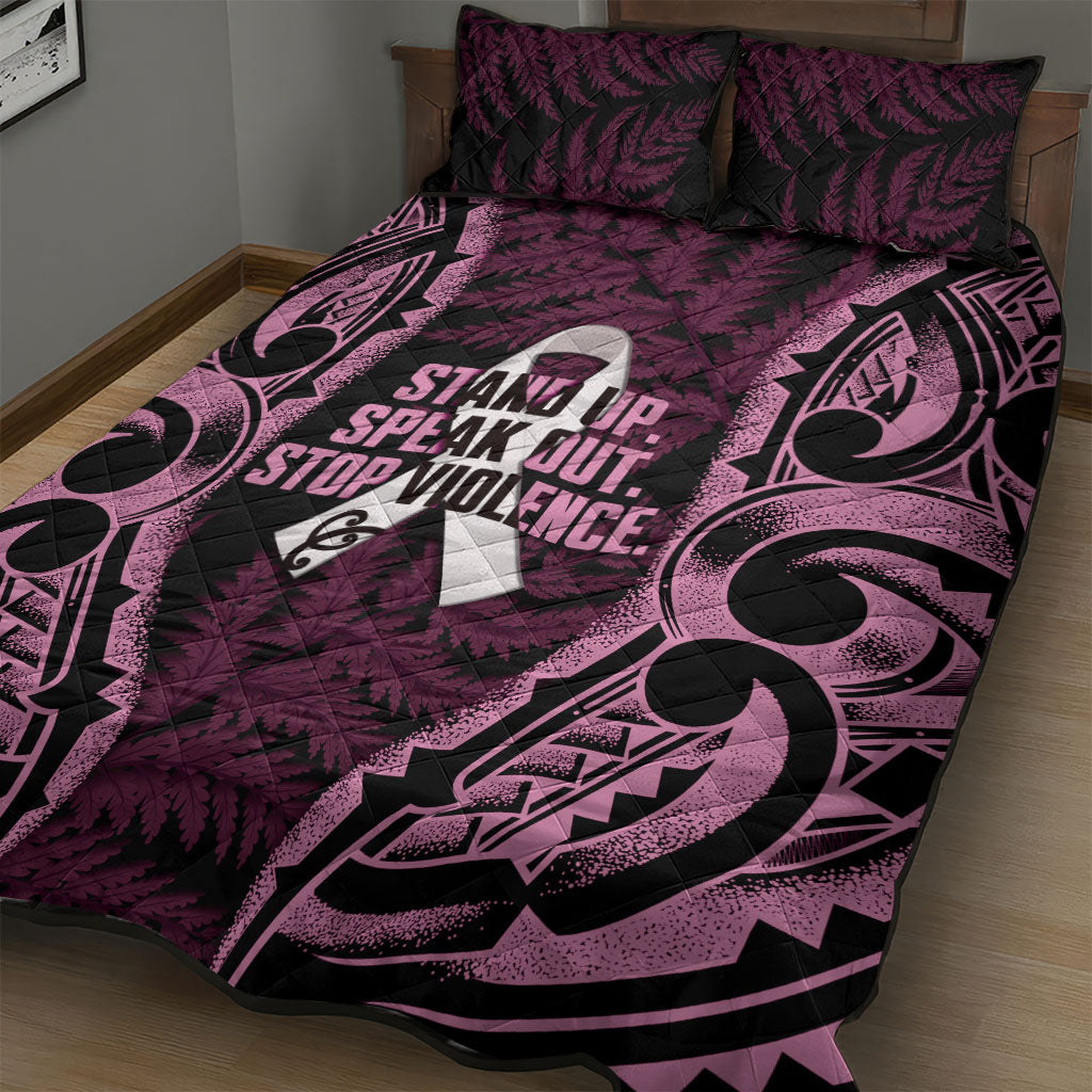 White Ribbon Day New Zealand Quilt Bed Set Respect Women Maori Pattern Pink