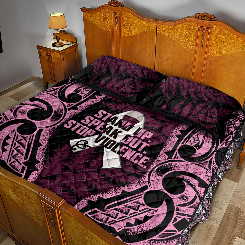 White Ribbon Day New Zealand Quilt Bed Set Respect Women Maori Pattern Pink