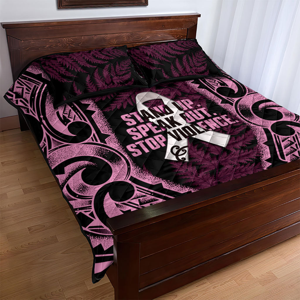 White Ribbon Day New Zealand Quilt Bed Set Respect Women Maori Pattern Pink