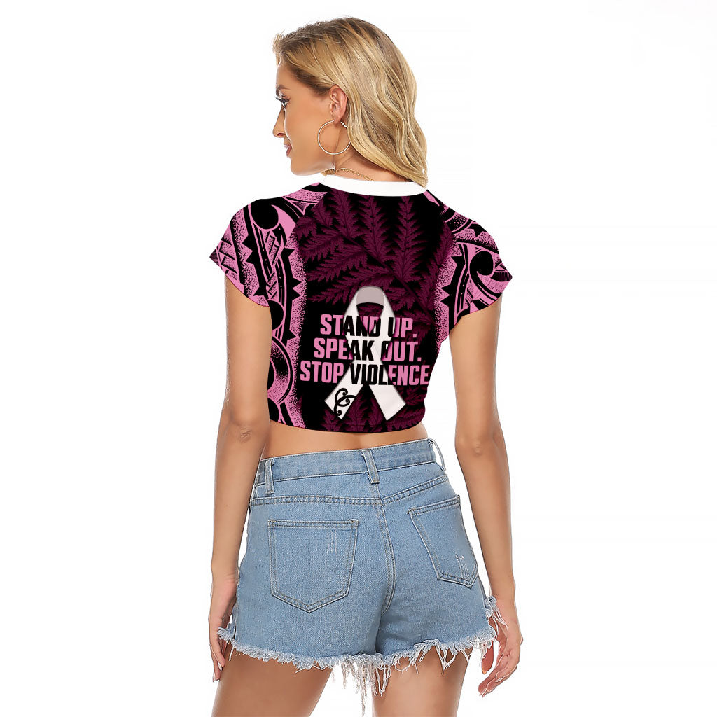 White Ribbon Day New Zealand Raglan Cropped T Shirt Respect Women Maori Pattern Pink