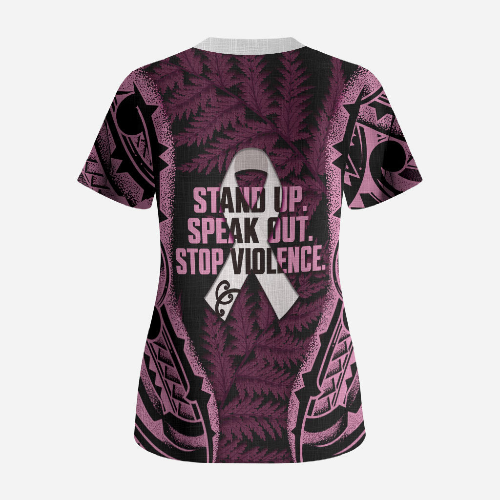 White Ribbon Day New Zealand Scrub Top Respect Women Maori Pattern Pink