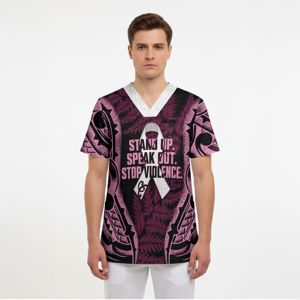 White Ribbon Day New Zealand Scrub Top Respect Women Maori Pattern Pink