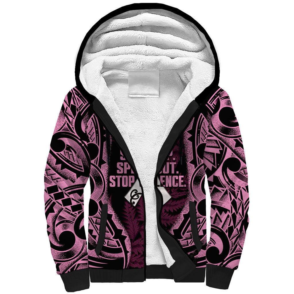 White Ribbon Day New Zealand Sherpa Hoodie Respect Women Maori Pattern Pink