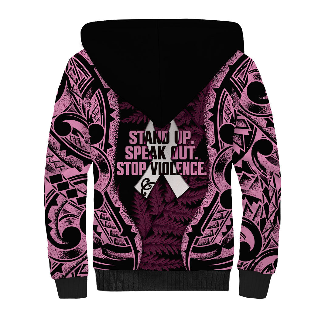 White Ribbon Day New Zealand Sherpa Hoodie Respect Women Maori Pattern Pink