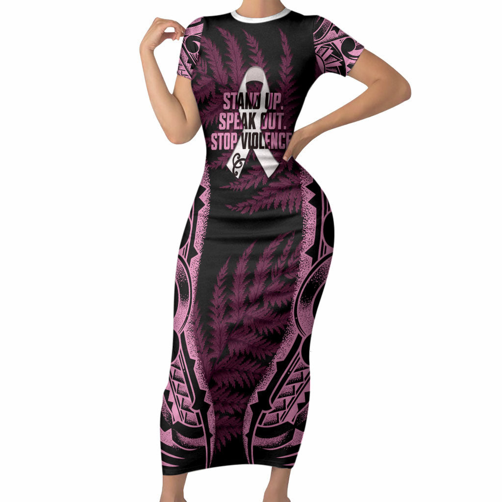 White Ribbon Day New Zealand Short Sleeve Bodycon Dress Respect Women Maori Pattern Pink