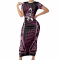White Ribbon Day New Zealand Short Sleeve Bodycon Dress Respect Women Maori Pattern Pink