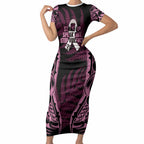 White Ribbon Day New Zealand Short Sleeve Bodycon Dress Respect Women Maori Pattern Pink