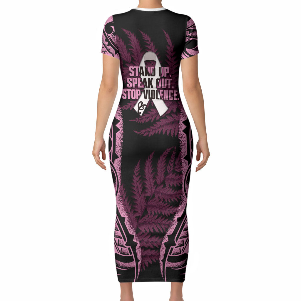 White Ribbon Day New Zealand Short Sleeve Bodycon Dress Respect Women Maori Pattern Pink